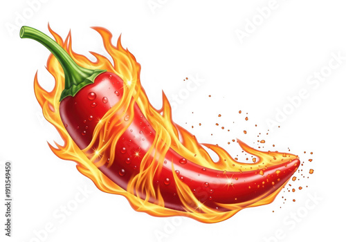A vibrant illustration of a fiery red chili pepper with a flaming effect around it
