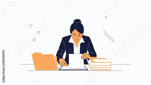 Businesswoman working at desk with documents and folders, organized workflow