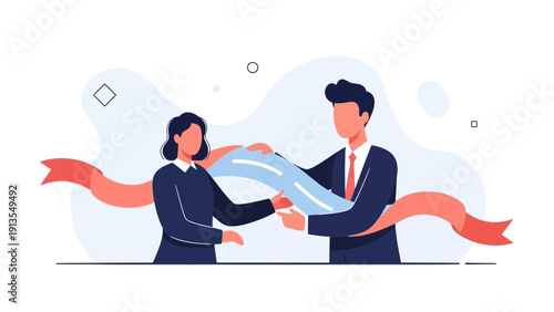 Man and woman holding finishing ribbon, teamwork, success, partnership, reaching goal
