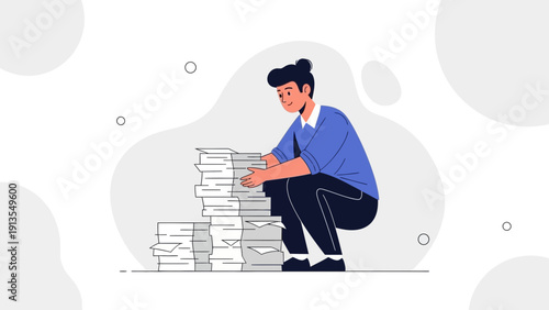 Overwhelmed Person Squatting Next to Large Stack of Paperwork