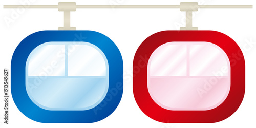 ロープウェイ乗り場やスキー場、遊園地などで見かける乗り物のゴンドラをイメージして青と赤の色でグラデーション効果も付けてデザインしたイラストのグラフィック素材