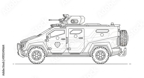 Armored Military Vehicle Sketch with Weapon Mount.