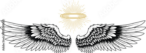 Vintage Hand Drawn Angel Wings with Golden Halo and Sunburst, Detailed Feather Illustration, Divine Celestial Spirit Graphic for Religious T-shirt Design.