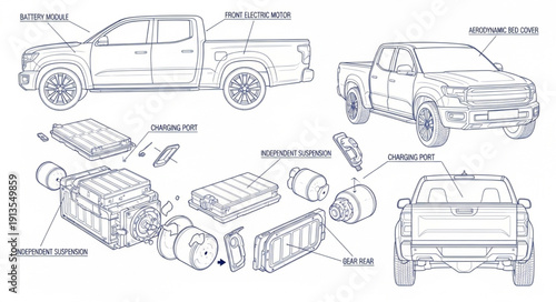Detailed Technical Drawing of a Pickup Truck and its Components.