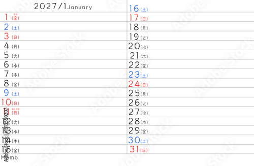 2027年シンプルカレンター　1月　曜日日本語