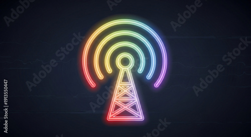 Vibrant rainbow colored neon radio tower broadcasting waves on dark background