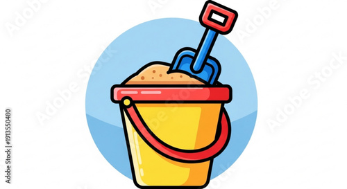 Colorful cartoon bucket filled with sand and a shovel on a blue background for summer fun and beach activities