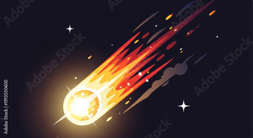Glowing meteor streaking through starry night sky with vibrant red and orange trail