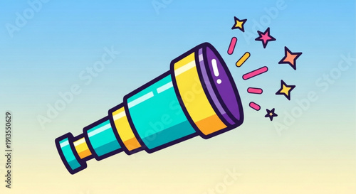 Vibrant cartoon megaphone with stars and confetti bright blue to yellow gradient background announcement symbol