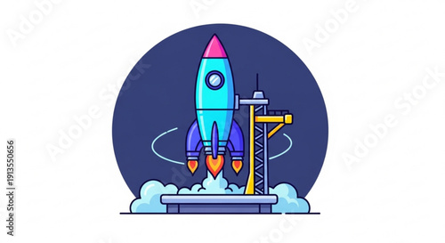 Rocket ship launching into space with vibrant colors and dynamic motion blur on launchpad