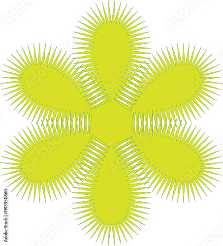 Modern abstract radial burst vector illustration with symmetrical floral arrangement. Bright green spiked oval shapes forming decorative geometric pattern isolated on white. Ideal for backgrounds, sur