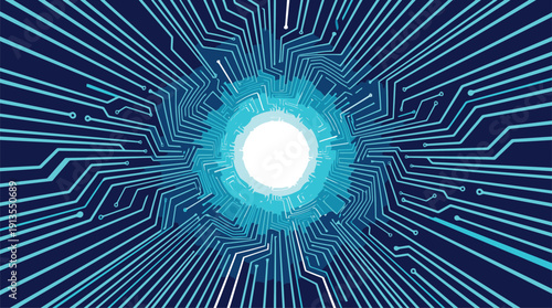Abstract digital circuit board tunnel with glowing white light at the center, representing data flow and technological advancement.