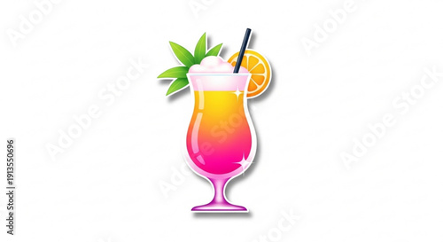 Colorful cocktail with orange pink and yellow gradient in a glass with straw garnished with green leaves and orange slice