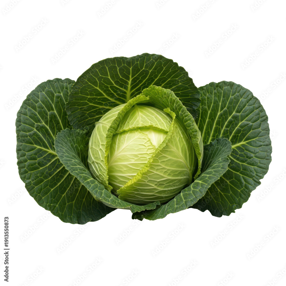Obraz premium Fresh green cabbage with tightly packed leaves displayed on a white background