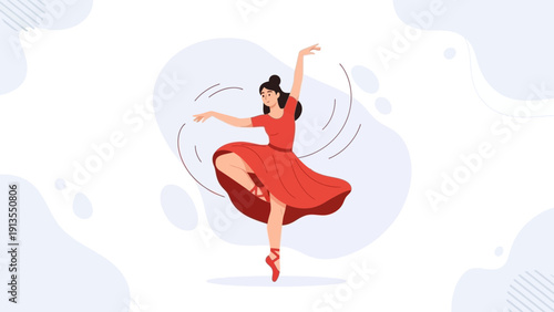 Ballerina Dancing Gracefully in Red Dress, Elegant Movement Illustration