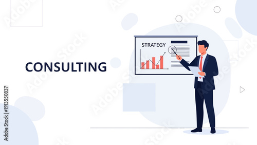 Business consultant presents strategy with growth chart on whiteboard