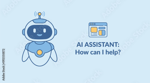 Friendly AI assistant robot with a helpful message and browser icon on a light blue background, representing artificial intelligence and customer service.