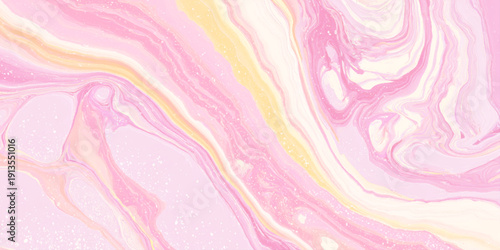 Abstract liquid marble background with pink and peach fluid swirls spilled acrylic paint, accented by delicate white sparkles and elegant wavy patterns.