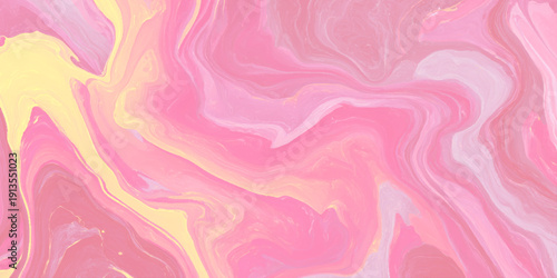 Abstract liquid marble background with pink and peach fluid swirls spilled acrylic paint, accented by delicate white sparkles and elegant wavy patterns.