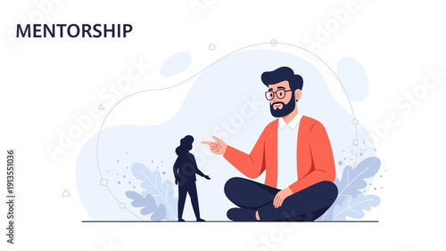 Business Mentorship: Adult Man Guides Small Woman Silhouette in Flat Design