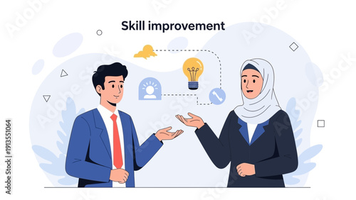 Business partners discussing skill improvement and ideas, collaboration concept