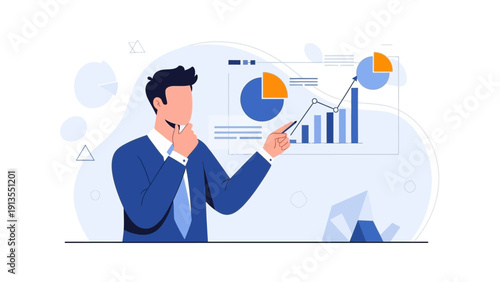 Businessman analyzing financial charts and graphs, business strategy concept