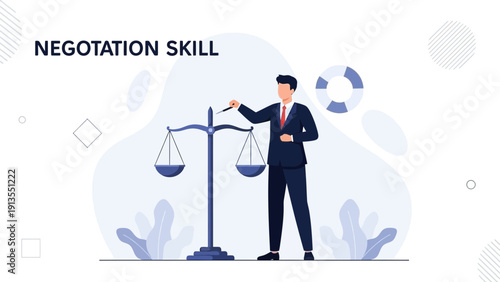 Businessman Balancing Scales of Justice, Negotiation Skill Concept