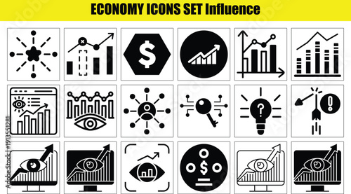 Economy icons set with various business and finance symbols and graphs  influence
