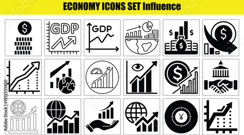 Economy icons set for business and finance concepts  various symbols and graphs