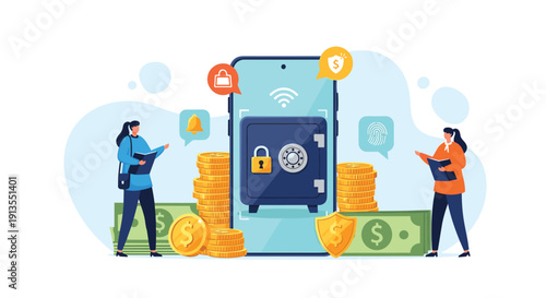 Mobile banking security concept features a smartphone with a digital safe vault surrounded by people, cash, and coins for protection.