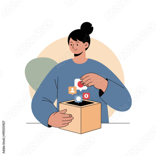 Illustration of a person donating to a cause or contributing to a project with social media icons