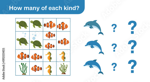 Educational math worksheet for children asks how many of each kind of sea animal are present in the provided grid for basic counting skills.