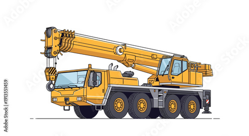 Heavy duty yellow mobile crane truck parked on a white background with detailed hydraulic boom and lifting hook mechanism for construction.