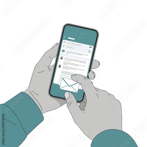 Person engaging with mobile device for communication, sending digital messages through a modern app interface