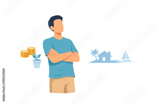 A thoughtful man envisioning his financial goals, from investment growth to a dream life of leisure and comfort