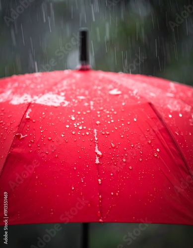 Red umbrella under a heavy downpour, water droplets visible