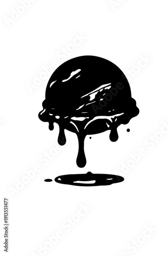 Stylized monochrome illustration of a melting dessert scoop, dripping liquid forming a delicious puddle below