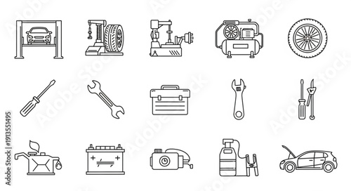 Collection of automotive repair and maintenance tools and equipment.