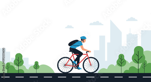 Active person wearing a helmet and backpack rides a red bicycle along a road with city skyline and green park trees during summer day.