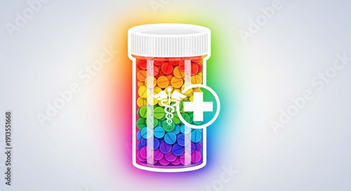 Colorful pills in a white plastic bottle with rainbow glow and medical cross symbol on a light background