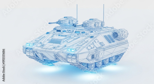 Futuristic armored vehicle made of digital circuits and glowing blue lights.