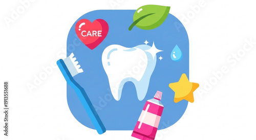 Dental care illustration with tooth toothbrush toothpaste and heart symbol on blue background representing oral hygiene and healthy smile
