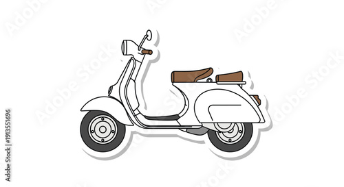 Classic white vintage scooter sticker design with brown seats and grey wheels isolated on a plain white background for travel theme.