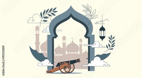 Traditional islamic illustration for Ramadan or Eid featuring a large archway, distant mosques, hanging lantern, and a classic cannon.