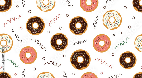 Fun and sweet seamless pattern featuring various glazed donuts with colorful sprinkles and wavy lines on white background for kids.