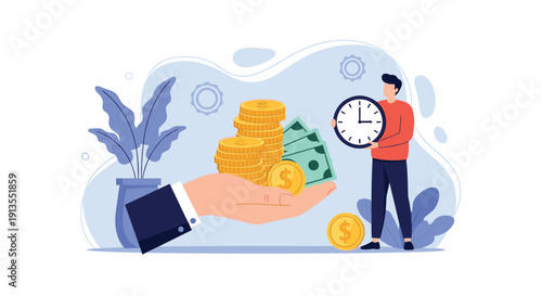 Business concept of time is money shows a person holding a large clock next to a hand full of cash and gold coins for wealth growth.
