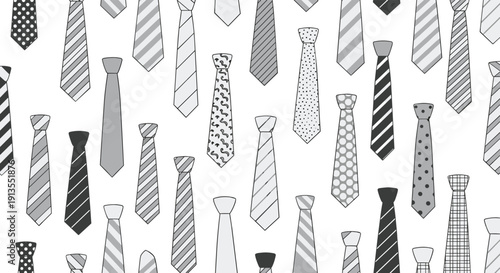 Formal seamless pattern featuring a variety of neckties with different patterns like stripes, polka dots, and checks in grey tones.