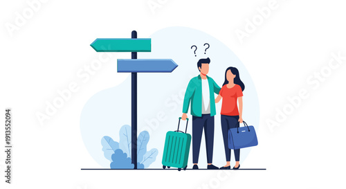 Confused young couple holding suitcases and looking at a blank signpost while traveling and trying to find the right direction.