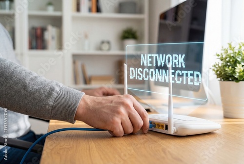 Hand unplugging blue ethernet cable from white router with digital network disconnected text overlay