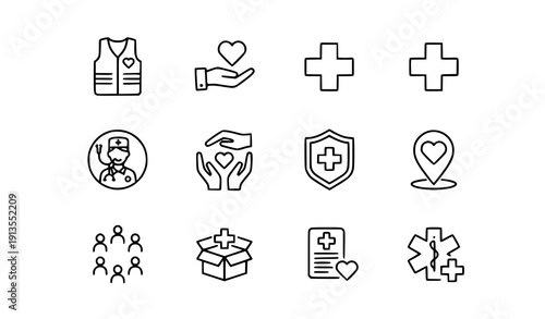 Volunteer Support and Charity Line Icon Set with Donation Medical Help and Community Care Symbols